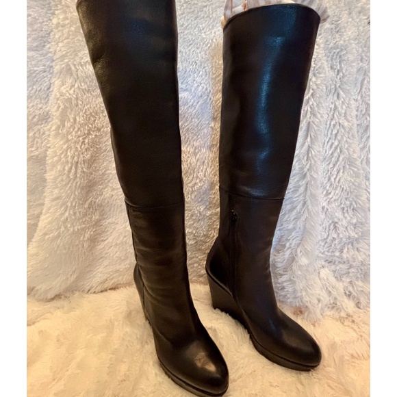 A Tall Order of Chic – Knee-High Leather Platform Wedge Boots (Size 9.5) - Picture 1 of 11